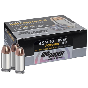 Sig Sauer E45AP020 Elite Defense 45 ACP 185 gr V Crown Jacketed Hollow Point 20 Per Box/ 10 Case