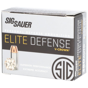Sig Sauer E380A120 Elite Defense 380ACP 90gr V-Crown Jacketed Hollow Point 20 Per Box/10 Case Centerfire, Handgun Ammunition