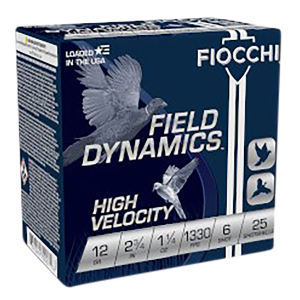Fiocchi 12HV6 Field Dynamics High Velocity 12Gauge 2.75 in 1 1/4oz 6Shot 25 Per Box/10 Case, Shotgun Shells