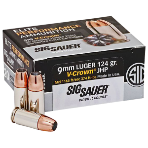 Sig Sauer E9MMA220 Elite Performance 9mmLuger 124gr V-Crown Jacketed Hollow Point 20 Per Box/10 Case Centerfire, Handgun Ammunition