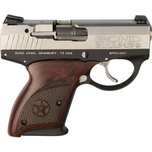 Bond Arms BABP BullPup9 Micro-Compact Frame 9mm Luger 7+1, 3.35 in Stainless Steel Barrel, Stainless Serrated Steel Slide, Black Aluminum Frame, Engraved Rosewood Grips, Pistol