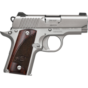 Kimber 3300207 Micro Stainless Rosewood NS Micro Frame 380 ACP 7+1 2.75 Stainless Match Grade Barrel, Satin Silver Serrated Stainless Steel Slide, Satin Silver Aluminum Frame w/Beavertail Rosewood Grip, Pistol