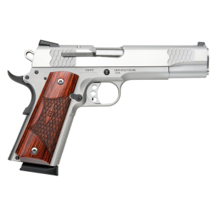 Smith & Wesson 108482 1911 E-Series Serrated Frame 45 ACP 8+1 5 in Stainless Steel Barrel, Satin Stainless Serrated Slide & Frame w/Beavertail, Laminate Wood Grip, Pistol