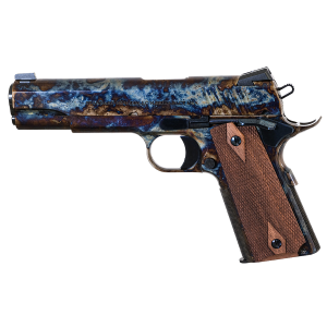 Standard Mfg 1911 Standard Full Size Frame 45 ACP 7+1 5 Stainless Match Grade BBL, Color Case Hardened Steel Serr Slide, Color Case Hardened Steel Frame w/Beavertail, Walnut Double Diamond Grip,Pistol