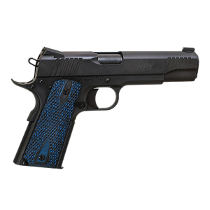 Standard Mfg 1911 HPX Full Size Frame 45 ACP 7+1 5 Black Match Grade BBL, Satin Steel Serr Slide, Black Satin Steel Frame w/Beavertail, Black/Blue Honeycomb Grip,Pistol