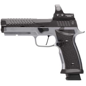 Sig Sauer 320SXG59MAXM P320 SXG MAX Full Size Frame 9mm Luger 21+1 5 Black Match Grade Bull BBL, Black Nitron Stainless Optic Ready/Serr Slide, Matte Stainless Frame w/Accessory Rail, Hogue Alum Grip Panels, Sig ROMEO3 MAX 6 MOA Re,Pistol