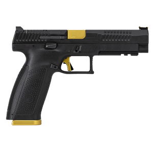 CZ-USA 95180 P-10 F Competition-Ready 9mm Luger 19+1 5 in Cold Hammer Forged Barrel, Black with Gold Accent Inside Railed/Optic Cut Slide, Black Polymer Frame Serrated Trigger Guard, Black Polymer Grips, Pistol