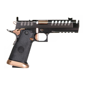 WATCHTOWER Firearms Apache, Semi-auto, 1911, Metal Frame Pistol, Full Size, 9MM, 4.6 in Threaded Barrel with Compensator, PVD Finish, Copper and Graphite, Optics Ready, Fiber Optic Front Sight, 2 Mags, (1)-17 Roundand (1)-20 Round APACHE-9MM-46-CPR