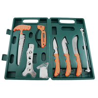 AccuSharp 728C Game Processing Kit Butcher/Caper/Gut-Hook/Bone Saw/Ribcage Spreader Gut Hook/Saw/Plain Stainless Steel Blade Orange FRN Handle