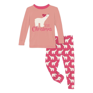 Scheels Girls' Kickee Pants Graphic Long Sleeve Pajama Set Toddler 4T Winter Rose Polar Bears
