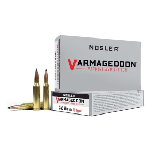 Nosler Varmageddon Flat Base Tipped 243 Winchester Rifle Ammunition 20 Round Box