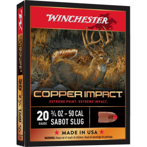 Winchester Copper Impact 50 Cal Sabot Slug 20 Gauge Shotshells 5 Round Box