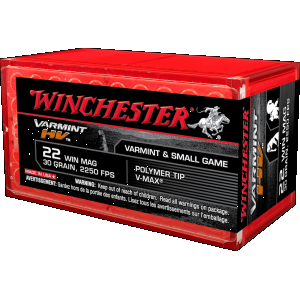 Winchester Ammo Varmint HV 22 Win Mag V-Max 30gr 22 Winchester Magnum Rimfire (WMR) Rimfire Ammunition 50 Round Box