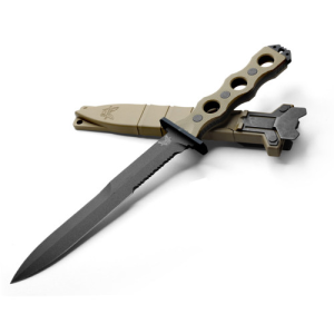 BENCHMADE 185BK-1 SOCP Fixed Blade Knife 7.11" Double Edge Plain Dagger Blade -Desert Tan G10 Handle
