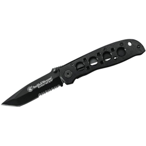 SMITH & WESSON Extreme Ops Folding Knife 3.2" Combo Tanto Blade - Black Aluminum Handles